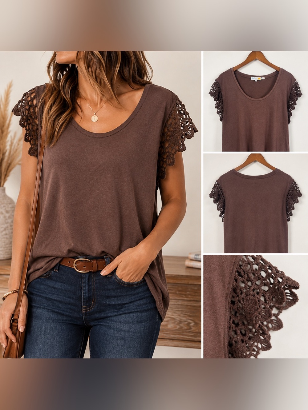 C&C California XL Brown Crochet Lace Sleeve Top